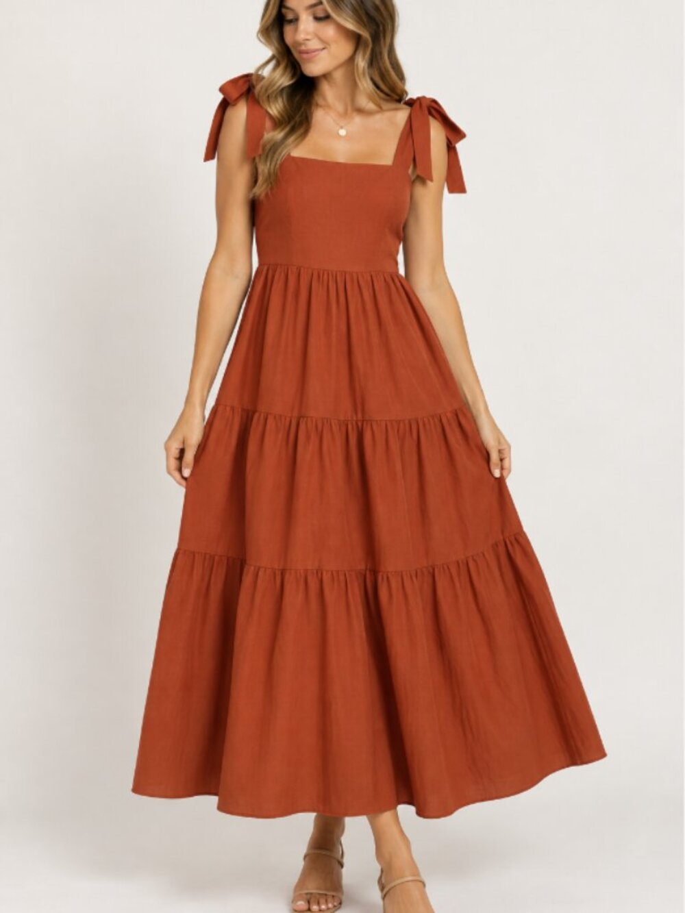 a loves a tiered burnt orange tie strap maxi dress smocked size xs fall feminine